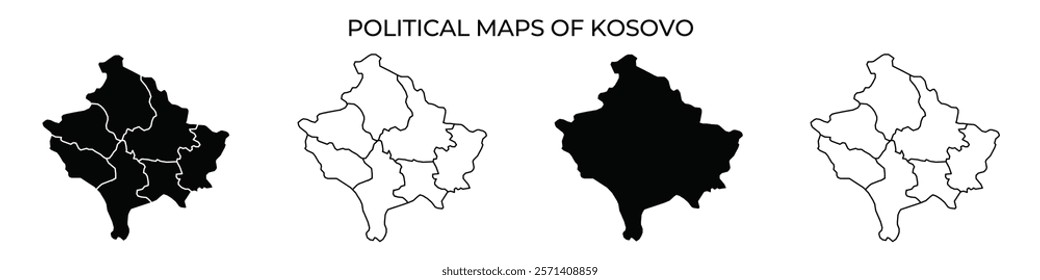 Displayed are various political maps of Kosovo showcasing distinct regions and their boundaries. Each map highlights key areas, emphasizing political divisions and territorial lines.