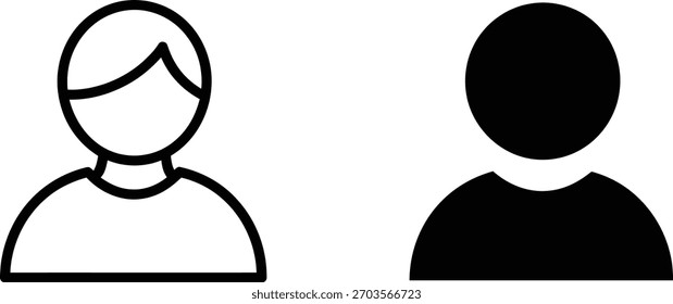 Die Bilder zeigen sowohl eine gefüllte Silhouette als auch eine Strichzeichnung und heben eine einfache, universelle Darstellung einer Person hervor, die sich ideal für Schnittstellen eignet.