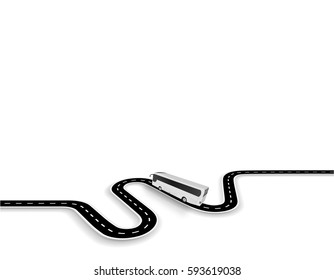 Displaying bus traffic on the winding road with markings. A perspective view. Vector illustration