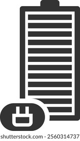 Displaying a full battery charging with a plug icon and energy status, representing concepts of energy, electricity, power, and battery efficiency in a digital context