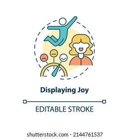 Displaying Joy Concept Icon. Showing Pleasure. Charismatic People Characteristic Abstract Idea Thin Line Illustration. Isolated Outline Drawing. Editable Stroke. Arial, Myriad Pro-Bold Fonts Used