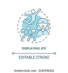 Displaying Joy Turquoise Concept Icon. Showing Pleasure. Charismatic People Traits Abstract Idea Thin Line Illustration. Isolated Outline Drawing. Editable Stroke. Arial, Myriad Pro-Bold Fonts Used