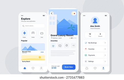Anzeige eines mobilen App-Designs, das Benutzern hilft, Luxus-Resorts zu finden und zu buchen. Zu den Funktionen gehören die Zielsuche, Lieblingslisten und Benutzerprofile für Reiselustige.