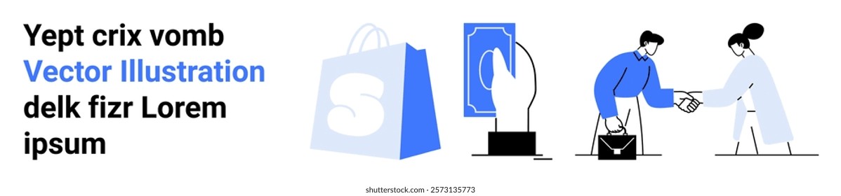 Displaying online shopping with a shopping bag, a hand interacting with a touchscreen, and two people engaging in a business transaction. Ideal for e-commerce, digital business, modern trade, online