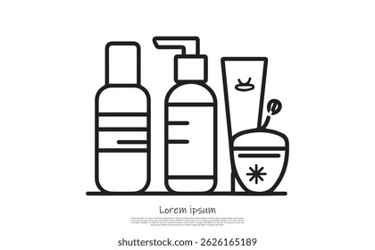 Displaying an outlined cosmetic set of containers and bottles, with a plant in a bowl. Isolated on a clean, transparent backdrop for seamless integration.