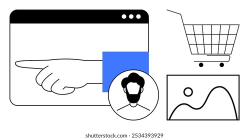 Mostrar una mano que apunta en un navegador, un Carrito de compras, un ícono de perfil y una Imagen horizontal. Ideal para comercio electrónico, navegación por Web, perfiles de usuario, diseño de Sitios web, marketing digital