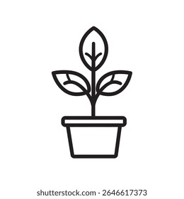 Exibindo uma planta em vaso, o desenho da linha mostra uma forma minimalista, com três folhas emergindo do vaso, transmitindo crescimento simples e essência botânica.