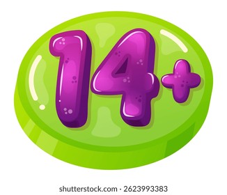 Displaying a purple jelly number 14 plus over a glossy green circle, indicating the minimum age requirement for suitable content, such as games or movies, ensuring appropriate access for viewers