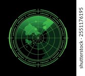 Displaying a radar screen in vibrant green tones against a deep black background, this setup is used for detecting and tracking objects in various environments, showcasing detailed signals.