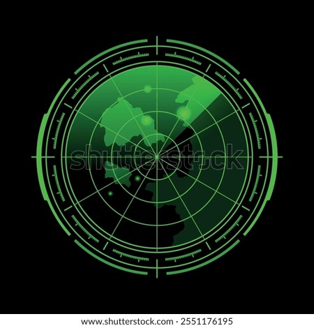 Displaying a radar screen in vibrant green tones against a deep black background, this setup is used for detecting and tracking objects in various environments, showcasing detailed signals.