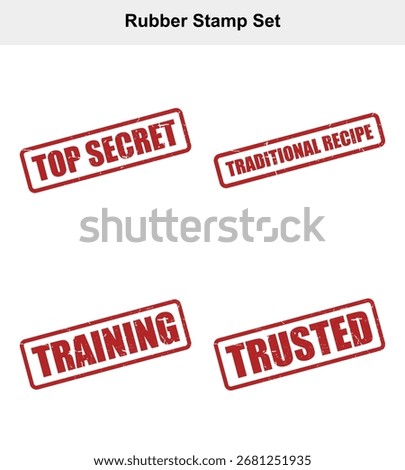 Displaying set of distressed rubber stamps over white background. Includes Top Secret, Training, Trusted, and Traditional Recipe.
