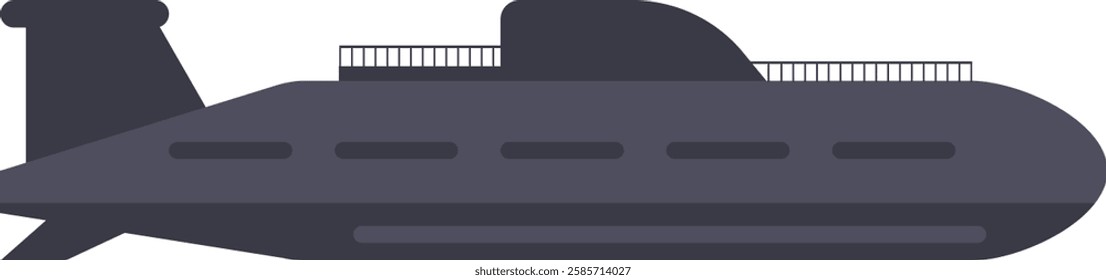 Displaying a side view of a gray military submarine navigating through a white background, emphasizing its sleek design and advanced technology in maritime defense and warfare