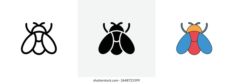 Displaying three varied styles of a fly depiction an outline form, a solid silhouette, and a colorful version featuring blue, red, and orange hues.