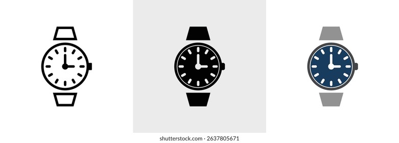 Displaying three watch icons. From left to right black outline, solid black, and a blue dial with gray band. The icons are simple vector illustrations.