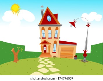 Displaying tiny cartoon house and yard with lawn and lantern. Vector on separate layers. 