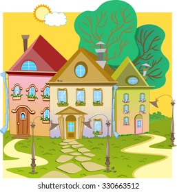 Displaying tiny cartoon three houses and yard with lawn and lanterns. Vector on separate layers.