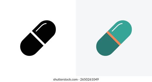 Mostrar dos iconos de cápsula sobre un fondo blanco es una silueta negra elegante, y el otro tiene secciones verde azulado y naranja. Diseño plano.