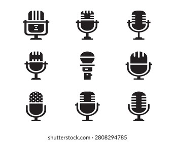 Displaying vintage microphone icons in a solid black vector illustration style