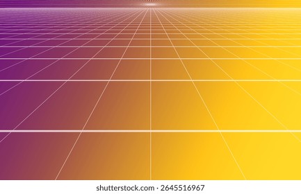 Exibe o plano de fundo abstrato com uma estrutura ou padrão de grade em perspectiva, criando um efeito de profundidade que se estende até o horizonte

