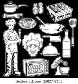 displays a black and white image of a man wearing a cooking suit and several utensils and other cooking ingredients. preparing food by processing and heating food ingredients so they can be consumed.