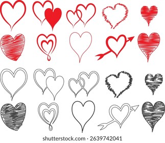 displays a collection of heart-shaped designs, arranged in a grid-like pattern. The hearts vary in style, ranging from solid red to outlined, and some include decorative elements like arrows