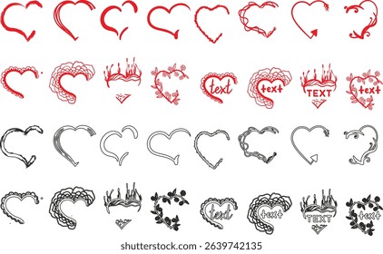 displays a collection of heart-shaped designs, arranged in a grid-like pattern. The hearts vary in style, ranging from solid red to outlined, and some include decorative elements like arrows