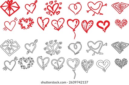 displays a collection of heart-shaped designs, arranged in a grid-like pattern. The hearts vary in style, ranging from solid red to outlined, and some include decorative elements like arrows