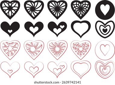 displays a collection of heart-shaped designs, arranged in a grid-like pattern. The hearts vary in style, ranging from solid red to outlined, and some include decorative elements like arrows