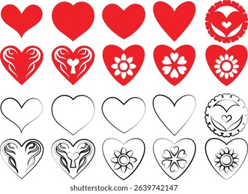 displays a collection of heart-shaped designs, arranged in a grid-like pattern. The hearts vary in style, ranging from solid red to outlined, and some include decorative elements like arrows
