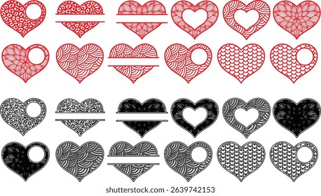 displays a collection of heart-shaped designs, arranged in a grid-like pattern. The hearts vary in style, ranging from solid red to outlined, and some include decorative elements like arrows