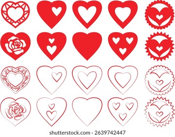 displays a collection of heart-shaped designs, arranged in a grid-like pattern. The hearts vary in style, ranging from solid red to outlined, and some include decorative elements like arrows