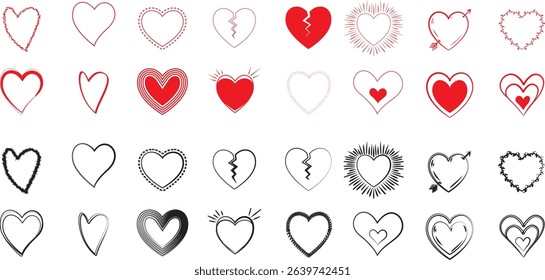 displays a collection of heart-shaped designs, arranged in a grid-like pattern. The hearts vary in style, ranging from solid red to outlined, and some include decorative elements like arrows