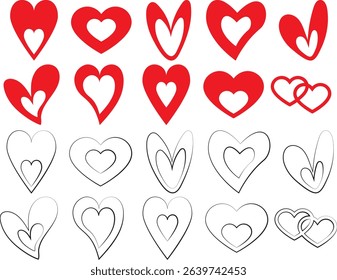 displays a collection of heart-shaped designs, arranged in a grid-like pattern. The hearts vary in style, ranging from solid red to outlined, and some include decorative elements like arrows