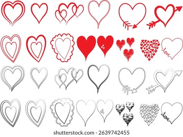 displays a collection of heart-shaped designs, arranged in a grid-like pattern. The hearts vary in style, ranging from solid red to outlined, and some include decorative elements like arrows