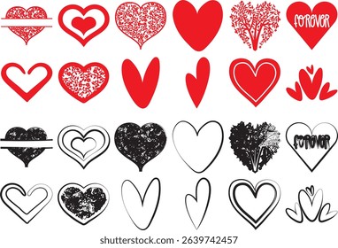displays a collection of heart-shaped designs, arranged in a grid-like pattern. The hearts vary in style, ranging from solid red to outlined, and some include decorative elements like arrows