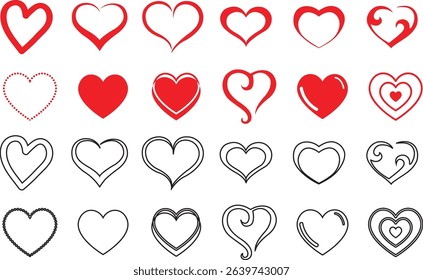 displays a collection of heart-shaped designs, arranged in a grid-like pattern. The hearts vary in style, ranging from solid red to outlined, and some include decorative elements like arrows