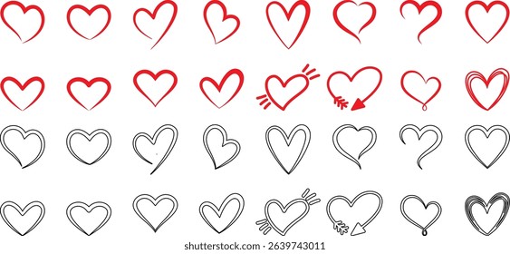 displays a collection of heart-shaped designs, arranged in a grid-like pattern. The hearts vary in style, ranging from solid red to outlined, and some include decorative elements like arrows