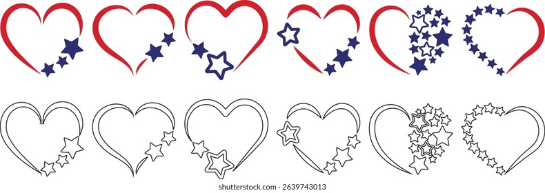 displays a collection of heart-shaped designs, arranged in a grid-like pattern. The hearts vary in style, ranging from solid red to outlined, and some include decorative elements like arrows