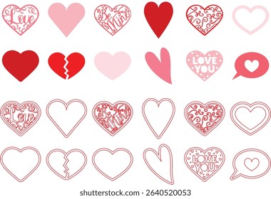 displays a collection of heart-shaped designs, arranged in a grid-like pattern. The hearts vary in style, ranging from solid red to outlined, and some include decorative elements like arrows