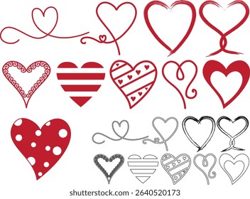 displays a collection of heart-shaped designs, arranged in a grid-like pattern. The hearts vary in style, ranging from solid red to outlined, and some include decorative elements like arrows