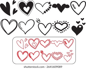 displays a collection of heart-shaped designs, arranged in a grid-like pattern. The hearts vary in style, ranging from solid red to outlined, and some include decorative elements like arrows