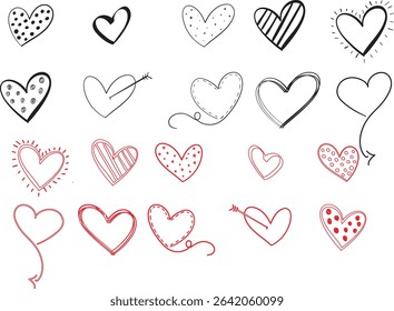 displays a collection of heart-shaped designs, arranged in a grid-like pattern. The hearts vary in style, ranging from solid red to outlined, and some include decorative elements like arrows