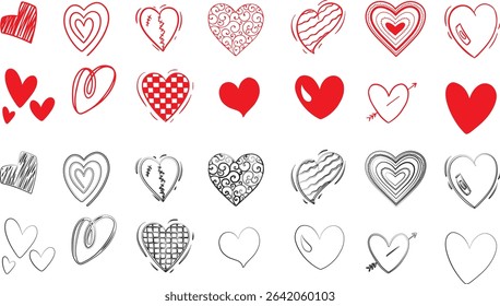 displays a collection of heart-shaped designs, arranged in a grid-like pattern. The hearts vary in style, ranging from solid red to outlined, and some include decorative elements like arrows