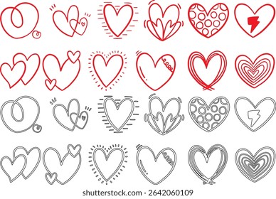 displays a collection of heart-shaped designs, arranged in a grid-like pattern. The hearts vary in style, ranging from solid red to outlined, and some include decorative elements like arrows