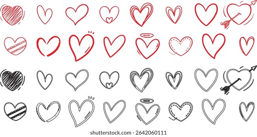 displays a collection of heart-shaped designs, arranged in a grid-like pattern. The hearts vary in style, ranging from solid red to outlined, and some include decorative elements like arrows