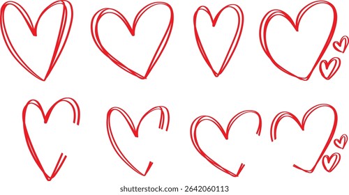 displays a collection of heart-shaped designs, arranged in a grid-like pattern. The hearts vary in style, ranging from solid red to outlined, and some include decorative elements like arrows