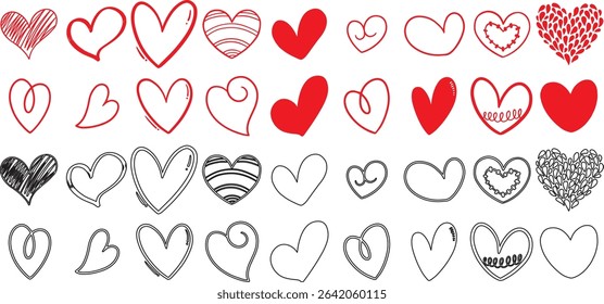 displays a collection of heart-shaped designs, arranged in a grid-like pattern. The hearts vary in style, ranging from solid red to outlined, and some include decorative elements like arrows