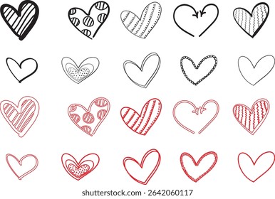 displays a collection of heart-shaped designs, arranged in a grid-like pattern. The hearts vary in style, ranging from solid red to outlined, and some include decorative elements like arrows