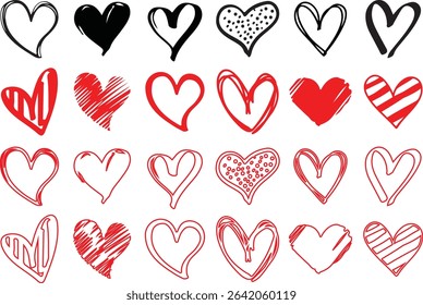 displays a collection of heart-shaped designs, arranged in a grid-like pattern. The hearts vary in style, ranging from solid red to outlined, and some include decorative elements like arrows