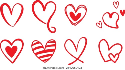 displays a collection of heart-shaped designs, arranged in a grid-like pattern. The hearts vary in style, ranging from solid red to outlined, and some include decorative elements like arrows